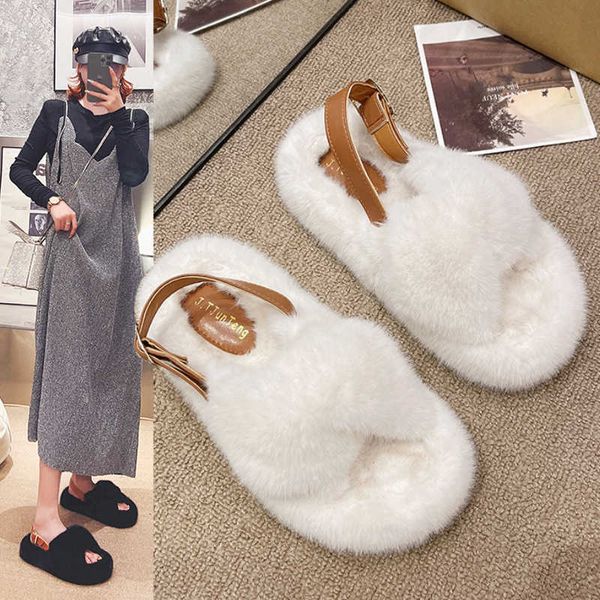Novos chinelos de pelúcia outono e inverno para mulheres: sandálias de algodão com alça cruzada quente e veludo elegante 231007