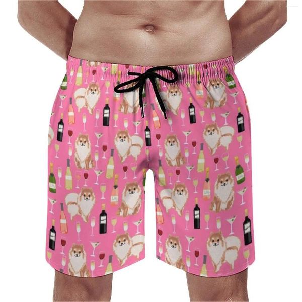 Homens Shorts Wine Lover Board Verão Pomeranian Dog Sports Surf Beach Homem Quick Seco Design de Moda Grande Tamanho Troncos