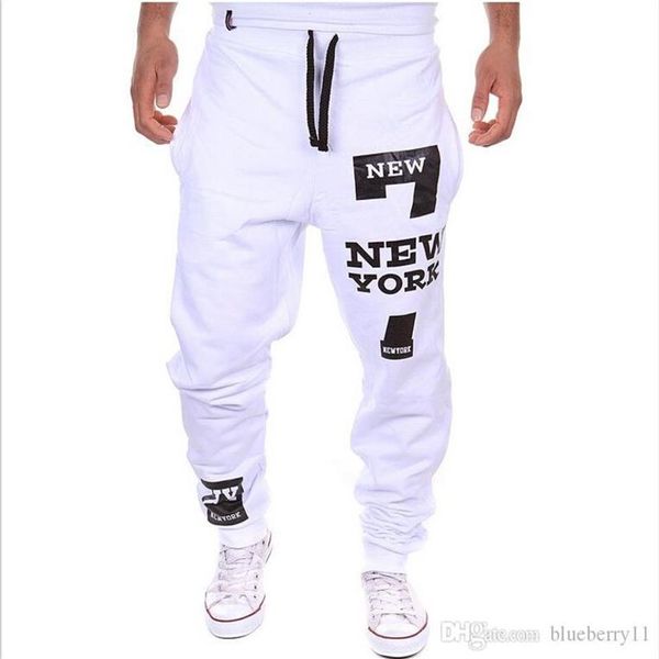 Calças masculinas mens branco cinza elástico cintura impressa letras soltas casuais harem baggy hip hop dança esporte calça calças calças s271e