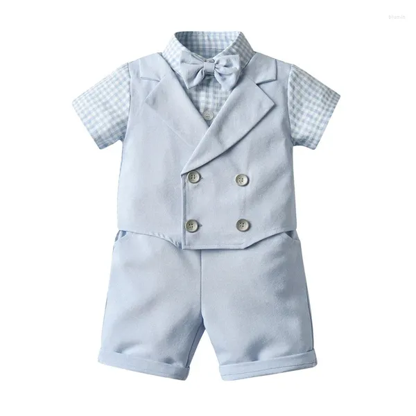 Set di abbigliamento Neonati maschi Estate Bambini Abiti formali Camicia corta Vita scozzese Cappotto Pantaloncini Fiocco Abiti per bambini Vestiti