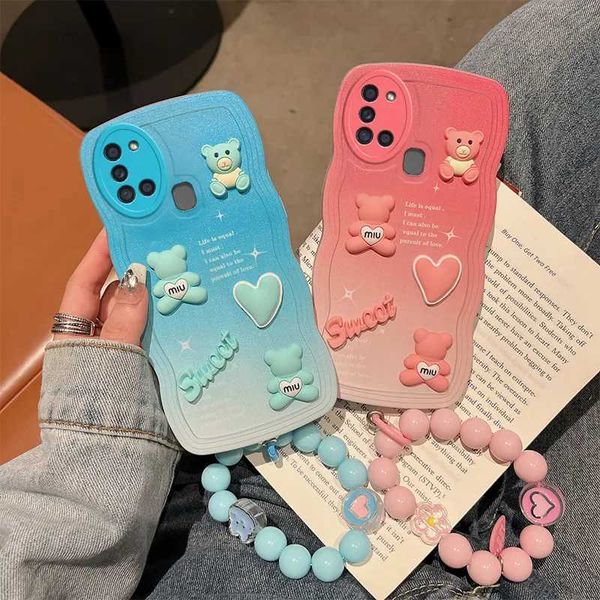 Casos de telefone celular 3D Moda Cute Bear Cartoon Soft Silicon Phone Case para Samsung Galaxy A21s 21s A21 Hand Strap Pulseira Capa Traseira L230823