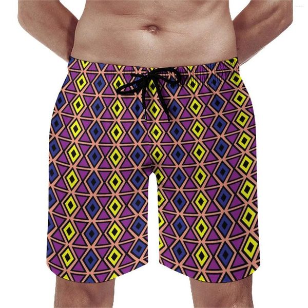 Shorts masculinos placa de verão roxo geo impressão surf retro geométrico personalizado praia moda confortável troncos plus size