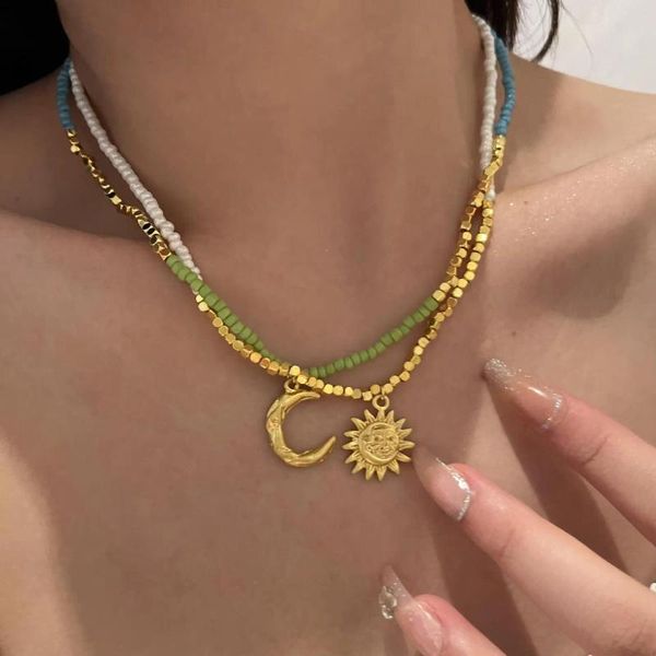 Anhänger Halsketten Europäische Egirl Punk Gold Farbe Metall Sonne Mond Halskette Vintage Bunte Stein Perlen Kette Für Frauen Schmuck