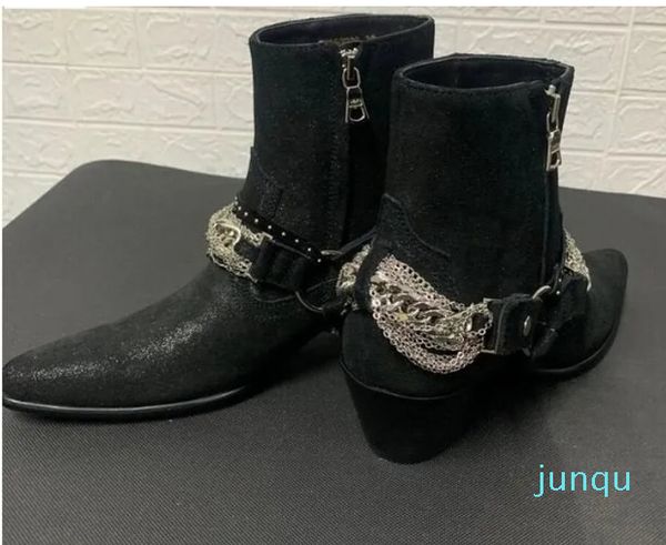 Moda correntes de prata botas inverno wyatt sapatos de couro de vaca de cano alto cavalheiros