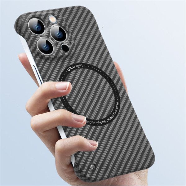 Für iPhone 15 14 13 Pro Max Carbon Fiber Grain PC Mag Safe Frameless Cover Case