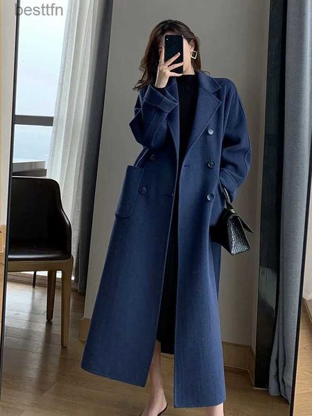 Misto lana da donna Jmprs Cappotto lungo in lana invernale Casual Donna Doppio petto Giacca in lana sintetica Moda autunno Coreano Abbigliamento nero NewL231014