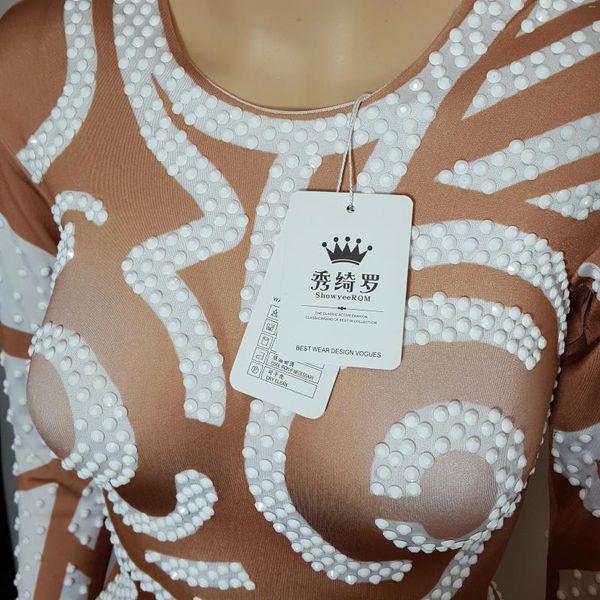 Bühnenverschleiß -Mesh Edelstein Perlenstreifenmuster Kleid für Herbst Sexy Girl Prom Party Exklusives Outfit