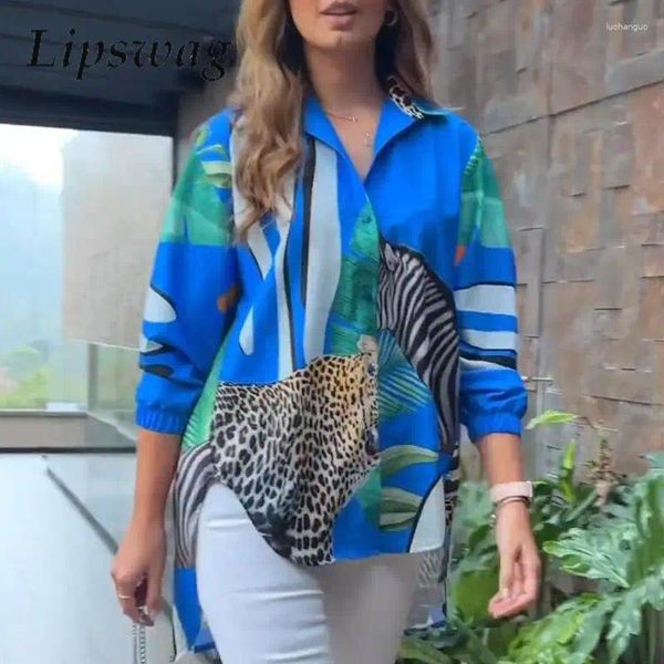 Damenblusen, elegantes Pendler-Langarmshirt, lässig, Tier-Leoparden-Pflanzendruck, lockere, unregelmäßige Hemden, Blusa, modische Blusen-Tops für