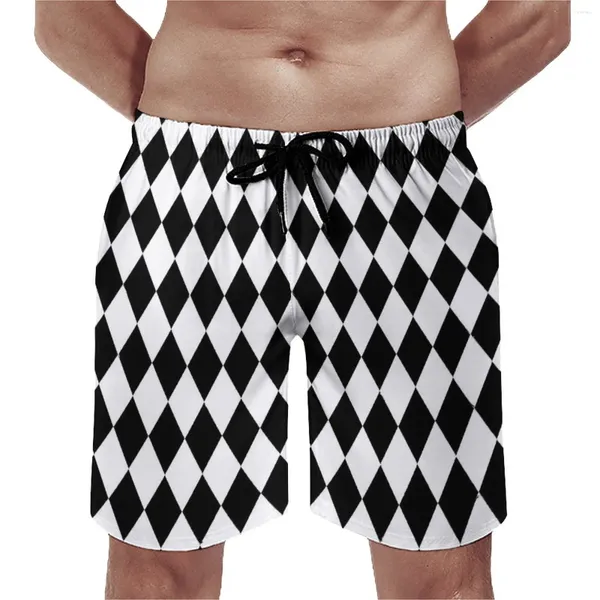 Мужские шорты с геометрическим принтом, летние черные, белые ромбовидные спортивные шорты для фитнеса, мужские быстросохнущие винтажные пляжные плавки больших размеров