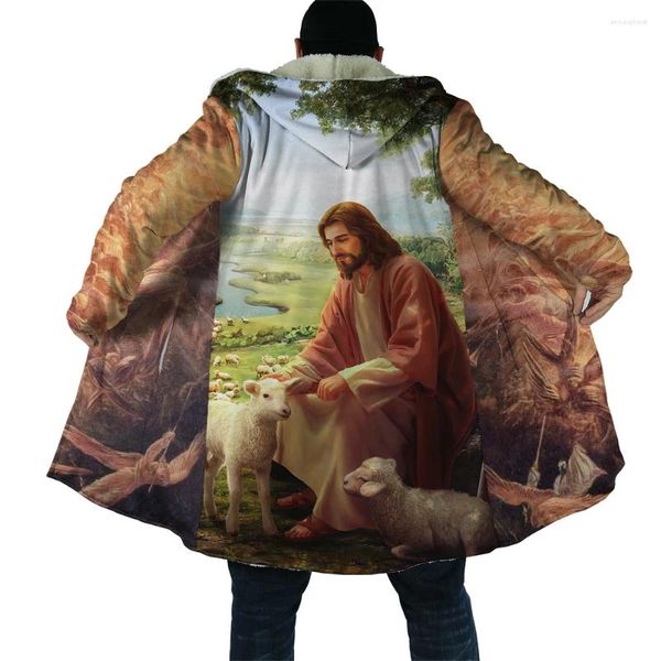 Hoodies masculinos moda à prova de vento com capuz manto jesus gráficos 3d impresso jaqueta unisex inverno casual grosso isolado