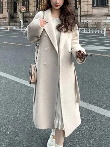 Misturas de lã feminina moda coreana feminina casual solto casaco de lã elegante e chique sólido casaco longo com cinto fe manto quenteL231014