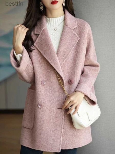 Misto lana da donna Giacca da donna Nuova moda coreana Abiti autunnali Sciolto Versatile Cappotto di lana Risvolto Doppia fila Bottone Allentato Caldo Trench JacketL231014