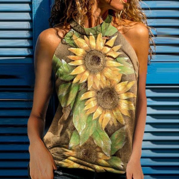 Damen-Tanks, O-Tops, ärmelloses Top, Tanktop für Damen, Blumen-Flowy, lässiger Druck, Halsweste, Sommer