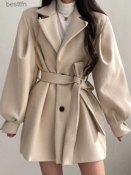 Misturas de lã feminina vintage casaco de lã feminino outono inverno lanterna manga lapela casaco fe moda coreana elegante bandagem estilo hepburn sobretudol231014