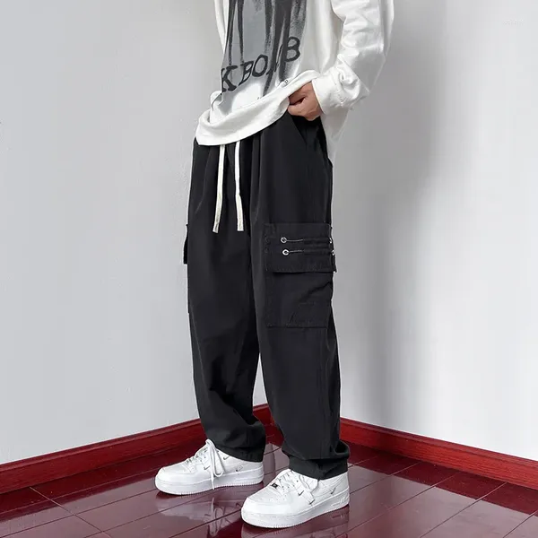 Pantaloni da uomo Solido Casual Puro cotone Pantaloni cargo con tasca laterale a gamba larga Nero Grigio Cachi Hiphop Oversize Fondo dritto Uomo