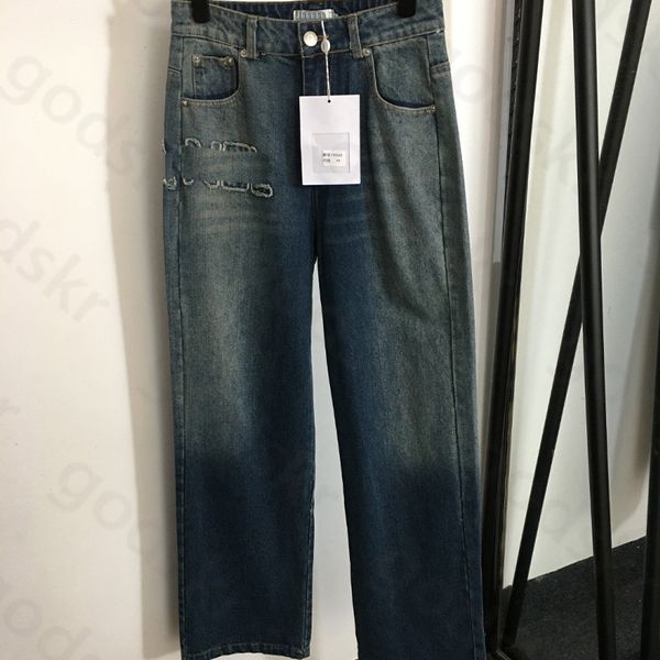 Jeans lavati in denim ricamato Pantaloni da donna a vita alta firmati Jeans a gamba larga