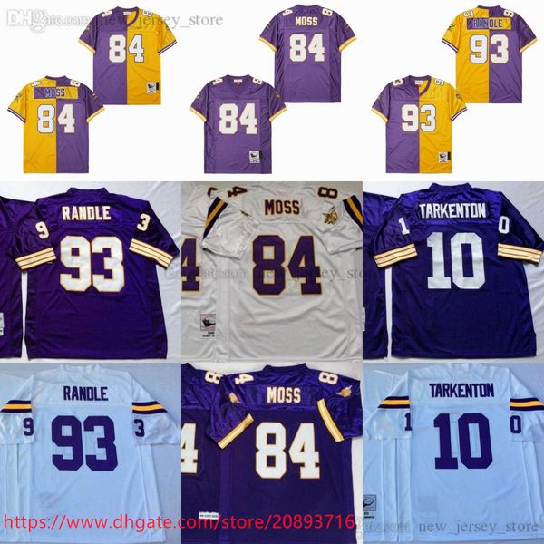 Maglie da calcio NCAA Throwback 2000 Division Bicolor 84 Randy Moss 1998 Vintage 93 John Randle 10 Fran Tarkenton Maglie Retro cucita Giallo Viola Bianco Jersey