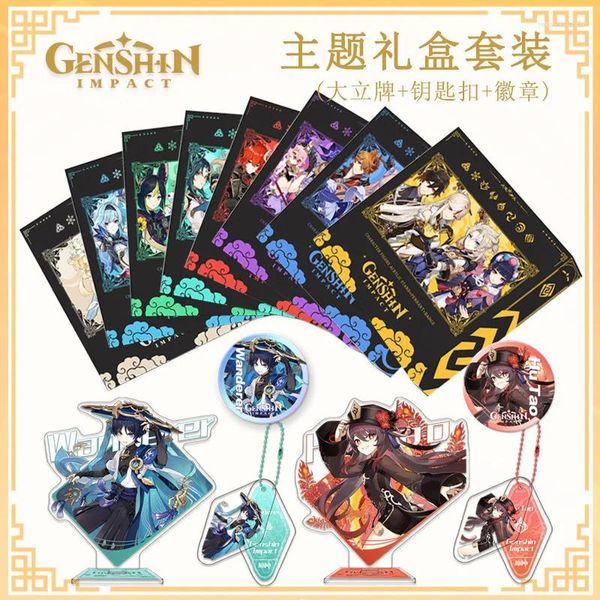 Portachiavi Fai da te Scrivania Insegna Collezione Ornamento Fan Genshin Impact 76 Ruoli 3 Pezzi Acrilico Figura Stand Modello Portachiavi Badge Scatola Regali