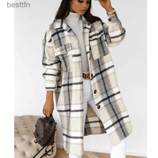 Женская полушерстяная куртка 2021, зимняя женская куртка в клетку, повседневное длинное пальто с отложным воротником большого размера Fe, толстое теплое пальто из шерстяной смеси, уличная одеждаL231014