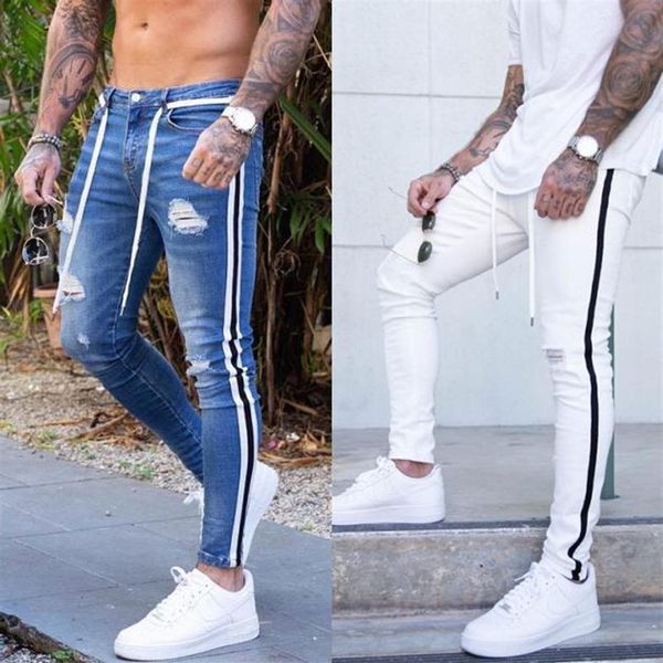 Mode Männer Skinny Jeans Biker Destroyed Slim Fit Ripped Holes Denim Hosen Seitlich Gestreifte Bleistift Hosen Hip Hop Blau Weiß Black297F