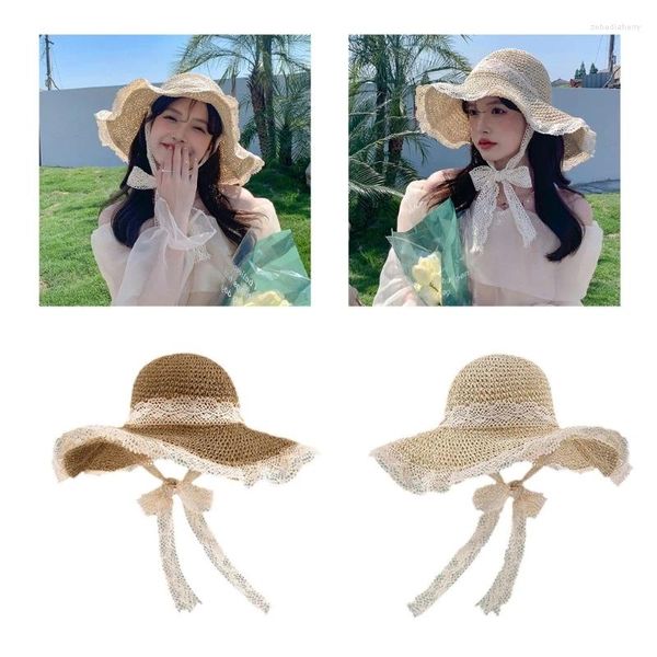 Berets Stroh Strandhut Big Floppy Damen breite Krempe mit Kinnriemen UV-Schutz faltbar Sommer