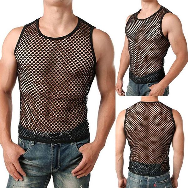 Mens Malha Tops Sports Sheer Slim Fit Treinamento Ver Através T-shirt Top Sexy Fish Net Muscle Tee Colete M-XXL174w