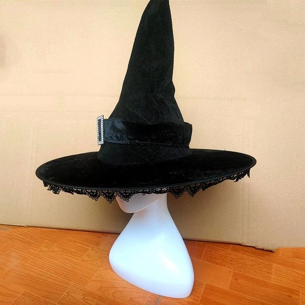 Chapéus de aba larga Chapéus de balde Chapéus de Halloween Bruxa Preto Feiticeiro Ornamento Lace Trim Party Hat Adulto Cosplay Masquerade Mystical Sorcerer Costume Prop Acessório 231013