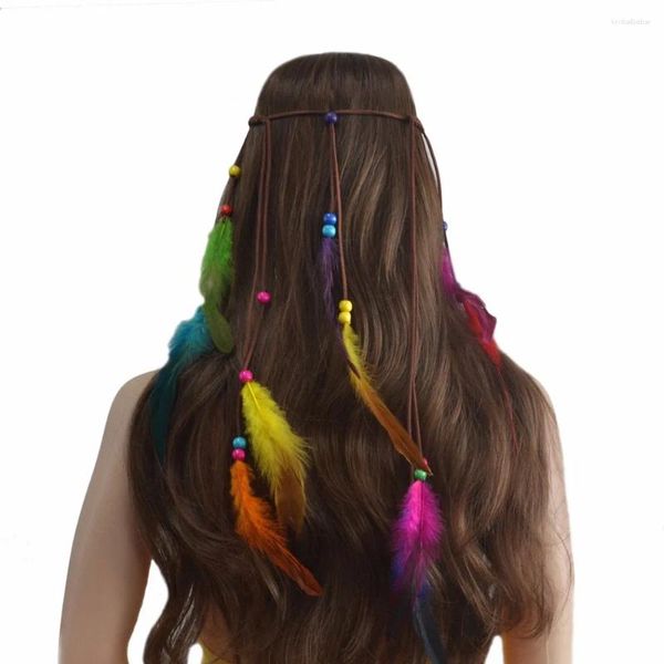 Fermagli per capelli Boho Fasce di piume colorate Copricapo Corda Copricapo Tribale Hippie Party Accessori zingari