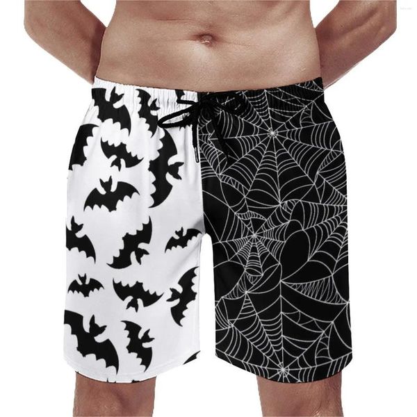 Shorts masculinos preto branco dois tons placa morcegos e webs havaí praia calças curtas machos design roupas esportivas secagem rápida troncos de natação presente idéia