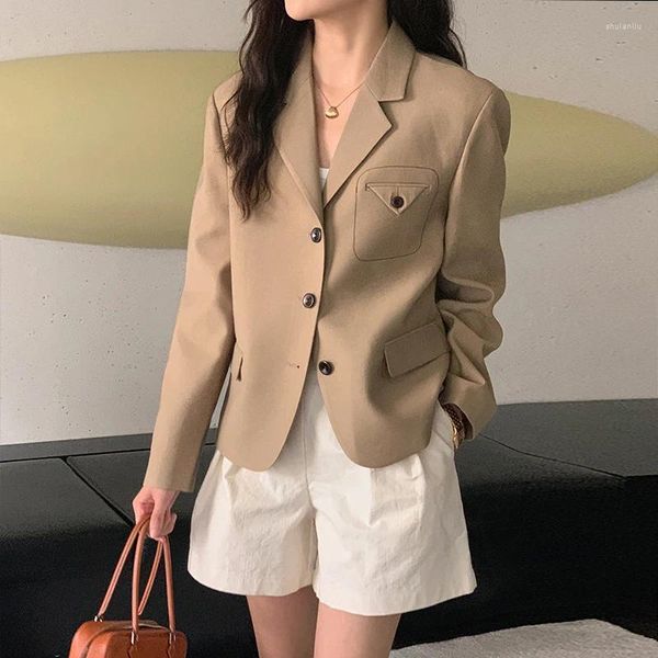 Ternos femininos outono vintage casual manga curta blazer terno casaco commuter bolso sólido único breasted colarinho roupas