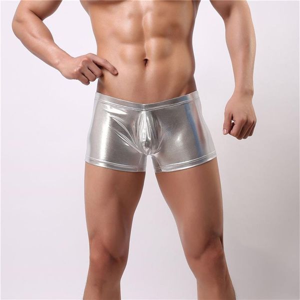 Cueca boxer masculina sexy patente faxu couro brilhante menino pênis bolsa calcinha masculina roupa de banho cuecas boxers apertadas cue230i