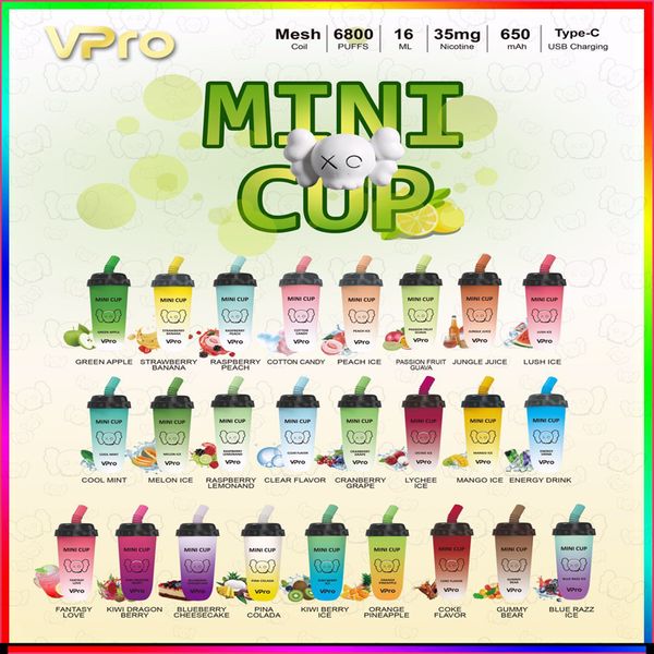 VPRO MINI CUP 6800 Capacità della batteria 650 mAh Ricaricabile e-liquid ricaricato 16 ml Intensità della nicotina 3,5% (35 mg) crazvapes