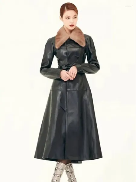 Jaqueta de couro feminina 2023 elegante longo trench coat gola de luxo genuína pele de carneiro real com cinto