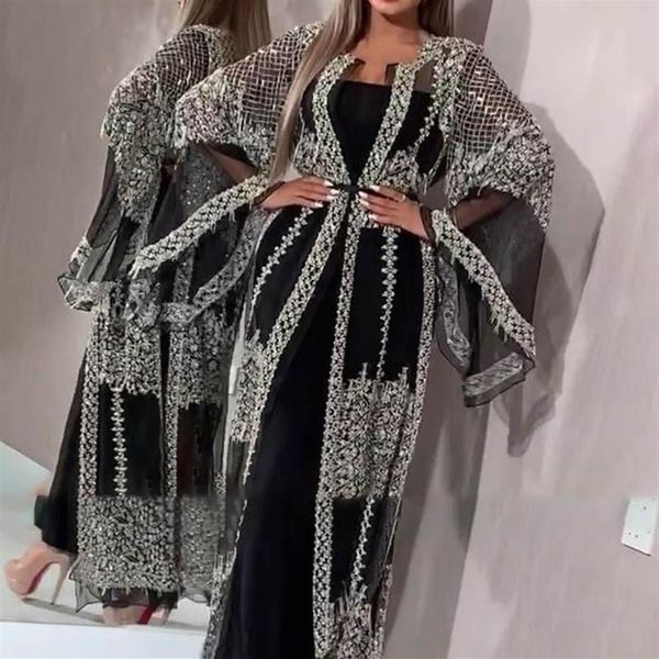 Abaya Dubai Abito musulmano di lusso di alta classe con paillettes ricamo in pizzo Ramadan caftano Islam Kimono donna maxi abiti neri239g