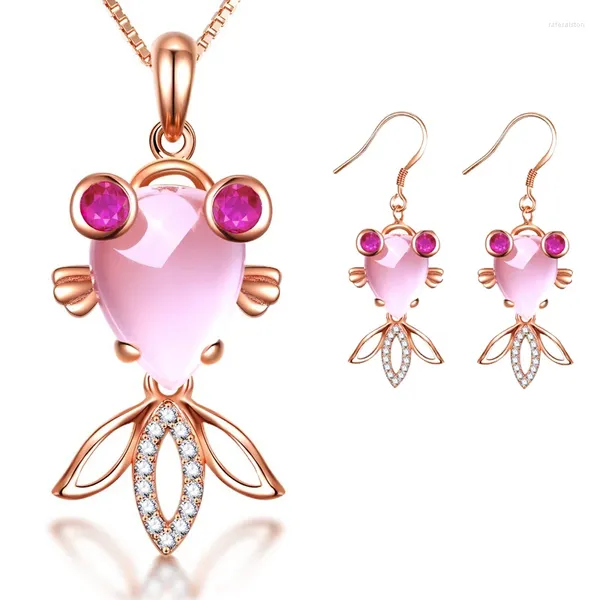 Colar brincos conjunto ociki rosa cor de ouro peixe cz cristal ross quartzo rosa opala e jóias para mulheres meninas gota
