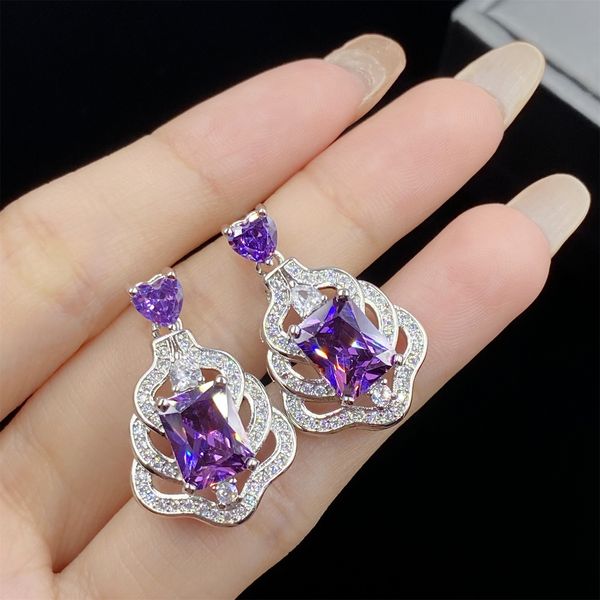 Set di gioielli da sposa da donna, viola intenso, zirconi, diamanti, imitazione, ametista, collana con ciondolo con diamanti, orecchini ad anello aperto, regalo di compleanno per la fidanzata