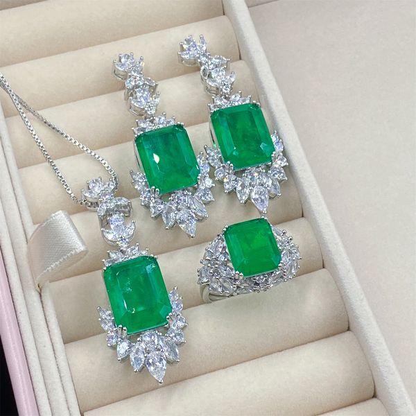 Conjunto de joias femininas imitação de cristal verde esmeralda zircão anel de diamante pingente colar brincos joias para festa presente de aniversário