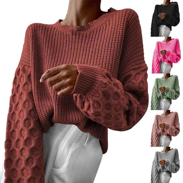 Suéteres femininos 2023 Outono Moda Pulôver Crewneck Manga Longa Cabo Knit Sweater Casual Chunky Jumper Tops