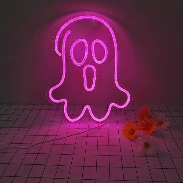 1pc Luci decorative decorative per arte della parete di Halloween, luci al neon per la camera da letto del portico anteriore con ingresso alla finestra, regalo per bambini per feste in casa Garage rosa 5V alimentato tramite USB