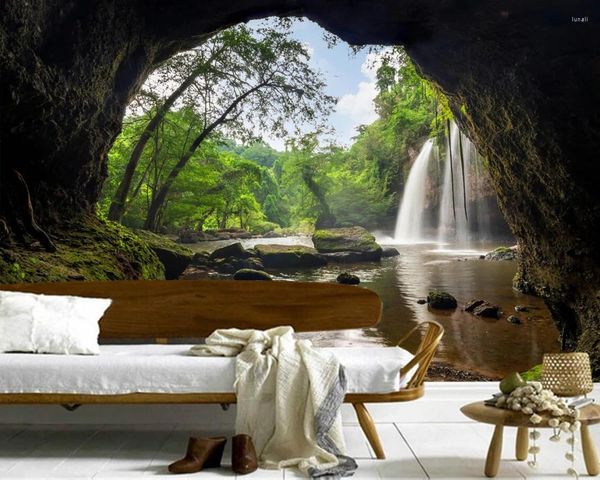 Sfondi Park Waterfalls pietre muschio caverna naturale po 3d wallpaper papel de parede forl iving room divano tv muro da letto da letto caffetteria caffetteria