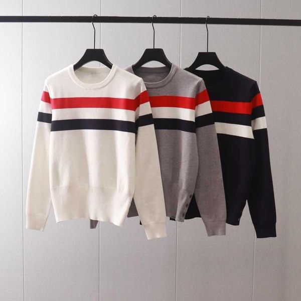 Осень-зима 2023 TB, контрастный пуловер с круглым вырезом в красно-белую и синюю полоску, вязаный топ с универсальным низом и тонкий свитер