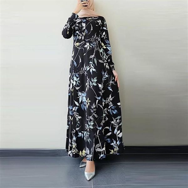 Casual Kleider Mode Frauen Retro Dubai Langarm Floral Gedruckt Hijab Türkei Kleid Rundhals Maxi Vestidos Robe Musulman # g3277a