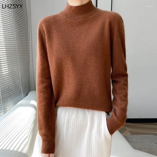 Suéter feminino lhzsyy suéter de caxemira semi-alto, outono e inverno, pulôver solto de lã pura, camisa de manga comprida, jaqueta de malha