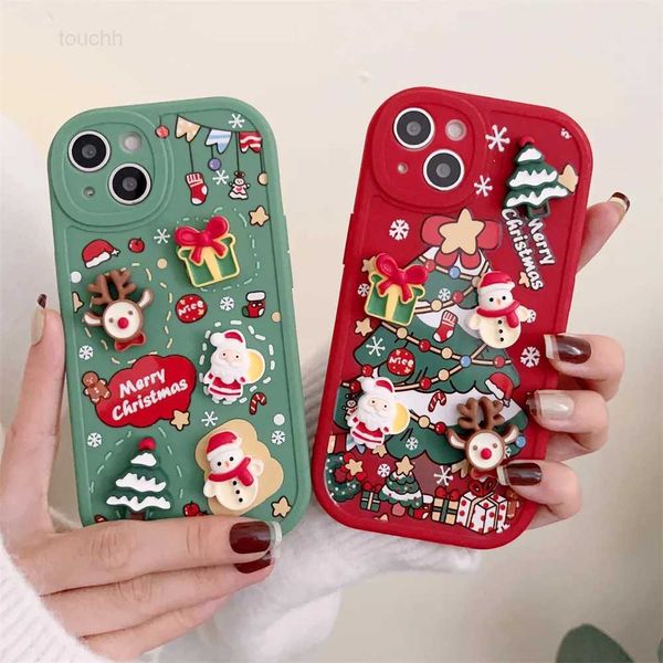 Casos de telefone celular bonito dos desenhos animados 3D Papai Noel Elk Snowman Christmas Tree Soft Case para iPhone 15 14 Pro Max 13 12 11 X XS XR 7 8 Plus Capa Traseira L230823