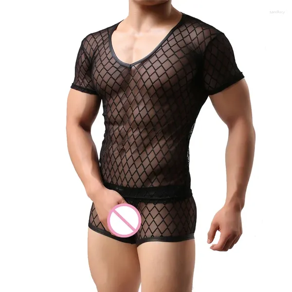 Fanilalar şeffaf mesh gömlek erkekler seksi iç çamaşırı seti güreş singlet fanilak fitness üstleri boksör şort