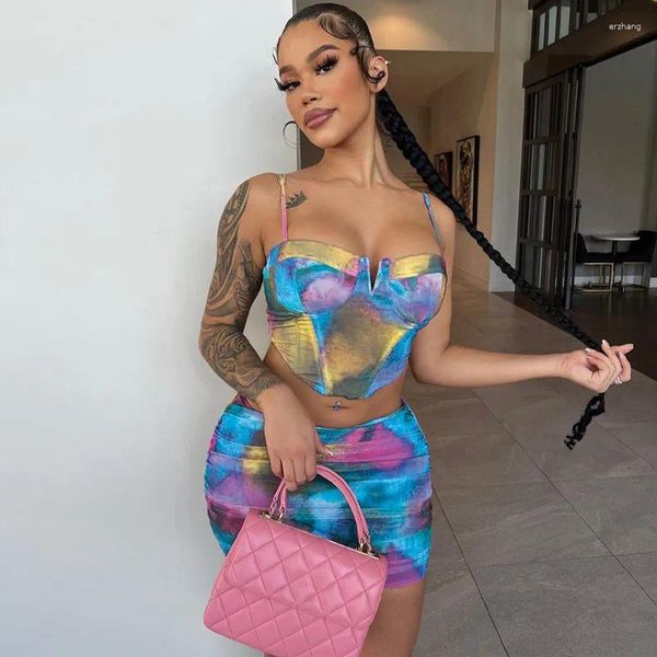 Röcke Sexy Tie Dye Drucken Kurze Sommer Outfits Für Frauen Mode Sling Crop Top Geraffte Mini Dünne Club Party Zwei stück Sets