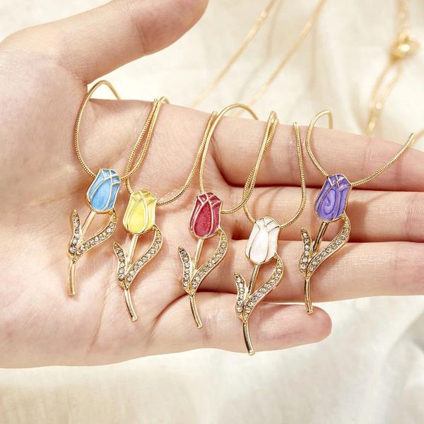 Ожерелья-подвески с французским светом, роскошное ожерелье-тюльпан с цирконом, винтажное эстетичное ожерелье с глазурью, цветком для женщин, модные свадебные украшения