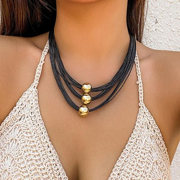 Anhänger Halsketten Goth Multilayer Big Ball Choker Halskette für Frauen Punk Schwarz Leder Wachs Faden Kette Grunge Schmuck Steampunk Männer