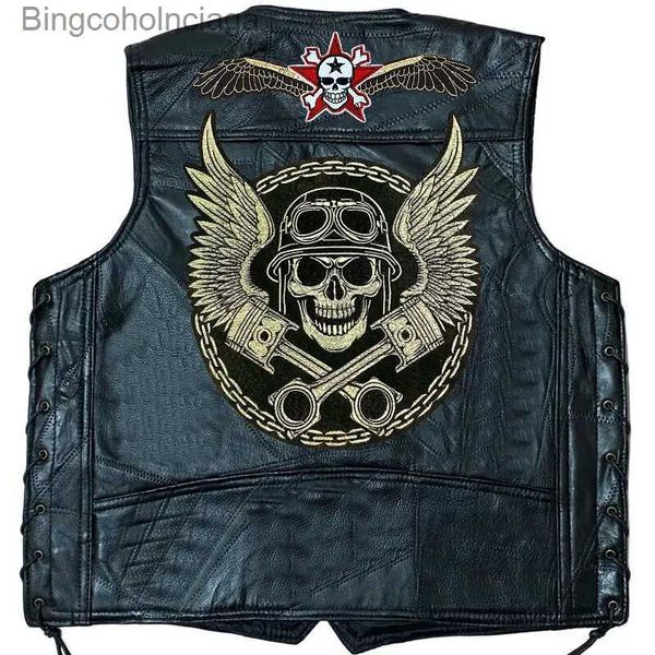 Herrenwesten Four Seasons Herren Motorrad Lederwesten Mode Stickerei Totenköpfe Kragenlose Jacke Herren Biker Lokomotive Punk Westen für HerrenL231014