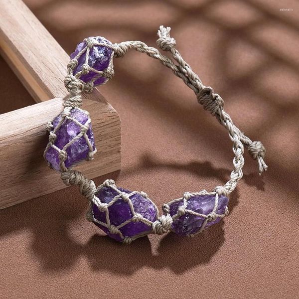 Link pulseiras de cristal natural diy trançado mão corda pulseira irregular cura pedra roxo cascalho mineral espécime cru quartzo jóias